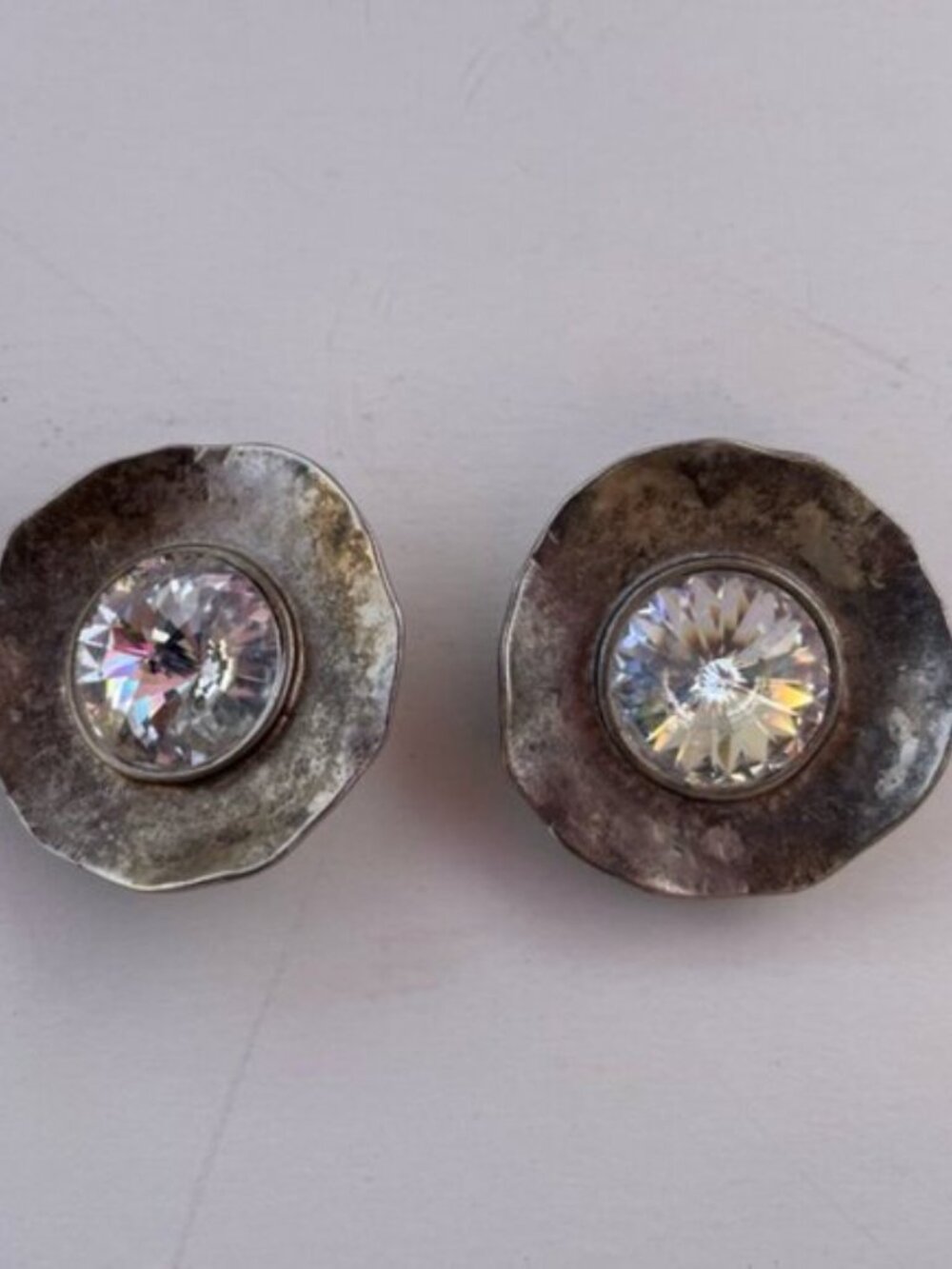 Vintage Norma Jean Silver Hammered Crystal Clip-On Earrings